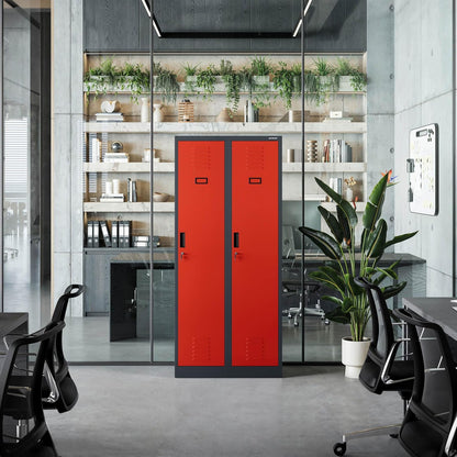 Stalen Kast Garderobekast Dubbele kast 2 compartimenten Etikethouder Scheidingswand Ventilatiesleuven Poedercoating 180 cm x 80 cm x 50 cm (Antraciet-Rood)