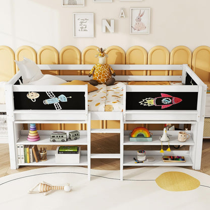 Children's Bed with Shelf, Slatted Frame, Ladder and Fall Protection, Teenage Bed, Single Bed, Wooden Pine Bed (White, 90 x 200 cm) - QUORE