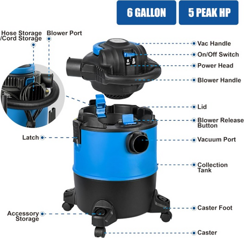 Tapijtreiniger - Tapijtwassers - Nat-Droogstofzuigers - Multifunctionele Stofzuiger - met Accessoires - 3 Wisselfilters - Blaasfunctie - voor Huis - Garage - Auto - Tapijt - 1200W - 23L - 240V - Blauw