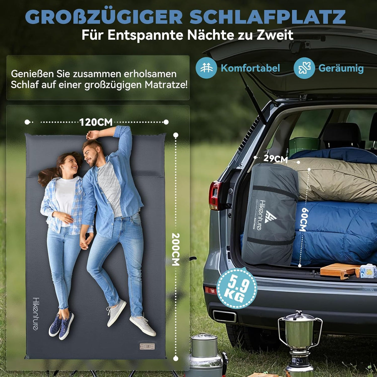 HIKENTURE Dubbele slaapmat, zelfopblazend met ingebouwde elektrische pomp, 8 cm dik campingmatras van schuim, zelfopblaasbare luchtmatras met kussen, slaapmat voor outdoor, tent, auto - B1