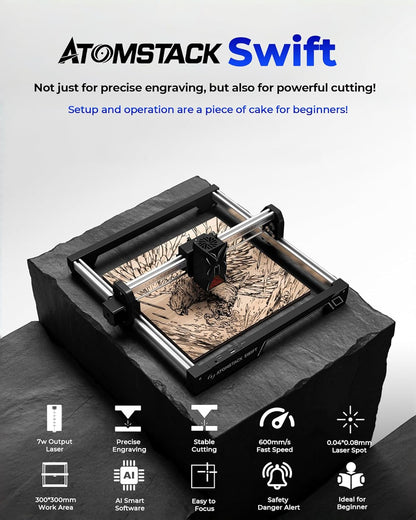 Lasergraveerder ATOMSTACK Swift voor Beginners, 7000mW Lasersnijder, 300×300mm Werkgebied, Hoog Nauwkeurige Lasergraveermachine voor Hout, Leer, Gecoate Metaal en Acryl (Swift 7W)