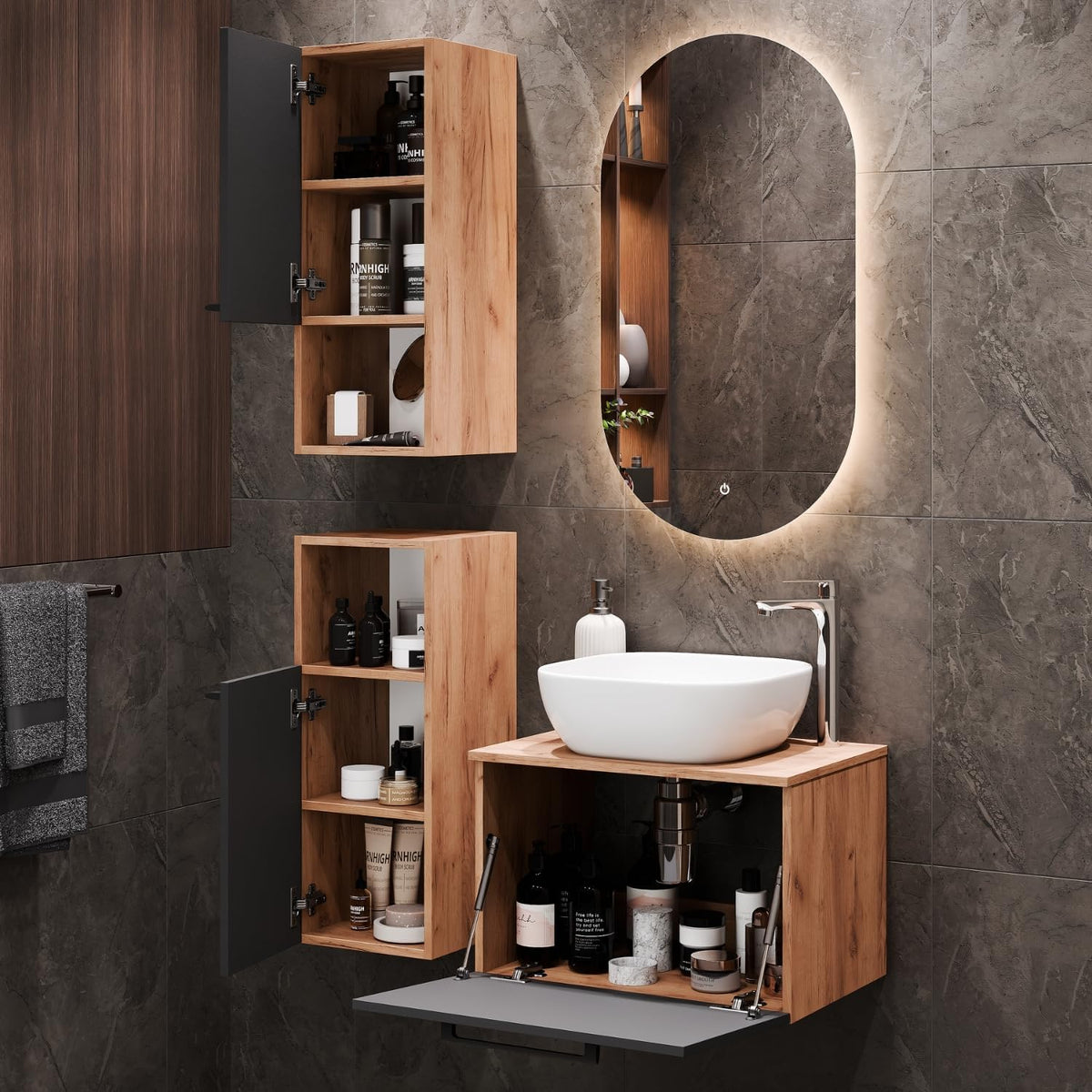 Planetmöbel Astra Bathroom Cabinet Set with Basin Cabinet 60 cm, 2 Midi Cabinets, Gold Oak Anthracite, Sink with Top Edge 42 cm White - QUORE