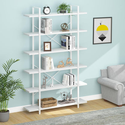 HSH Boekenkast met 6 niveaus, industriële opslag, metaal en hout, stabiel, duurzaam, voor woonkamer, kantoor, thuis, wit