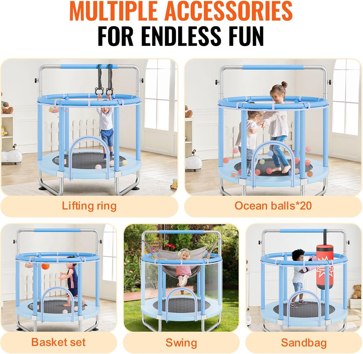 VEVOR Trampoline voor kinderen voor binnen en buiten, mini-trampoline voor peuters met veiligheidsnet en basketbalring, voor kinderen vanaf 3 jaar, 1470 x (1540-1690) mm, blauw