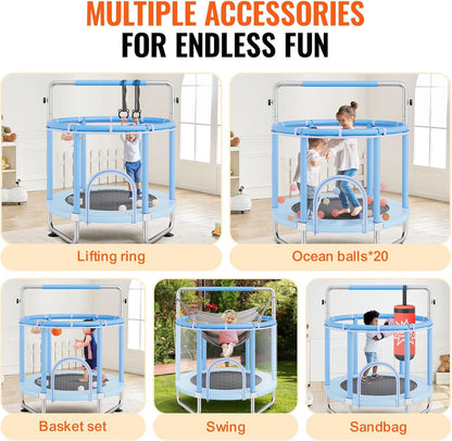 VEVOR Trampoline voor kinderen voor binnen en buiten, mini-trampoline voor peuters met veiligheidsnet en basketbalring, voor kinderen vanaf 3 jaar, 1470 x (1540-1690) mm, blauw
