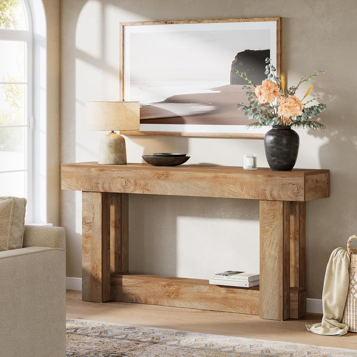 Tribesigns 160 cm Console Table, 2 Tier Halter Table, Rectangular Wooden Side Table Behind the Sofa, Farmhouse Wood Rear for Hallway, Living Room, Light Brown Oak