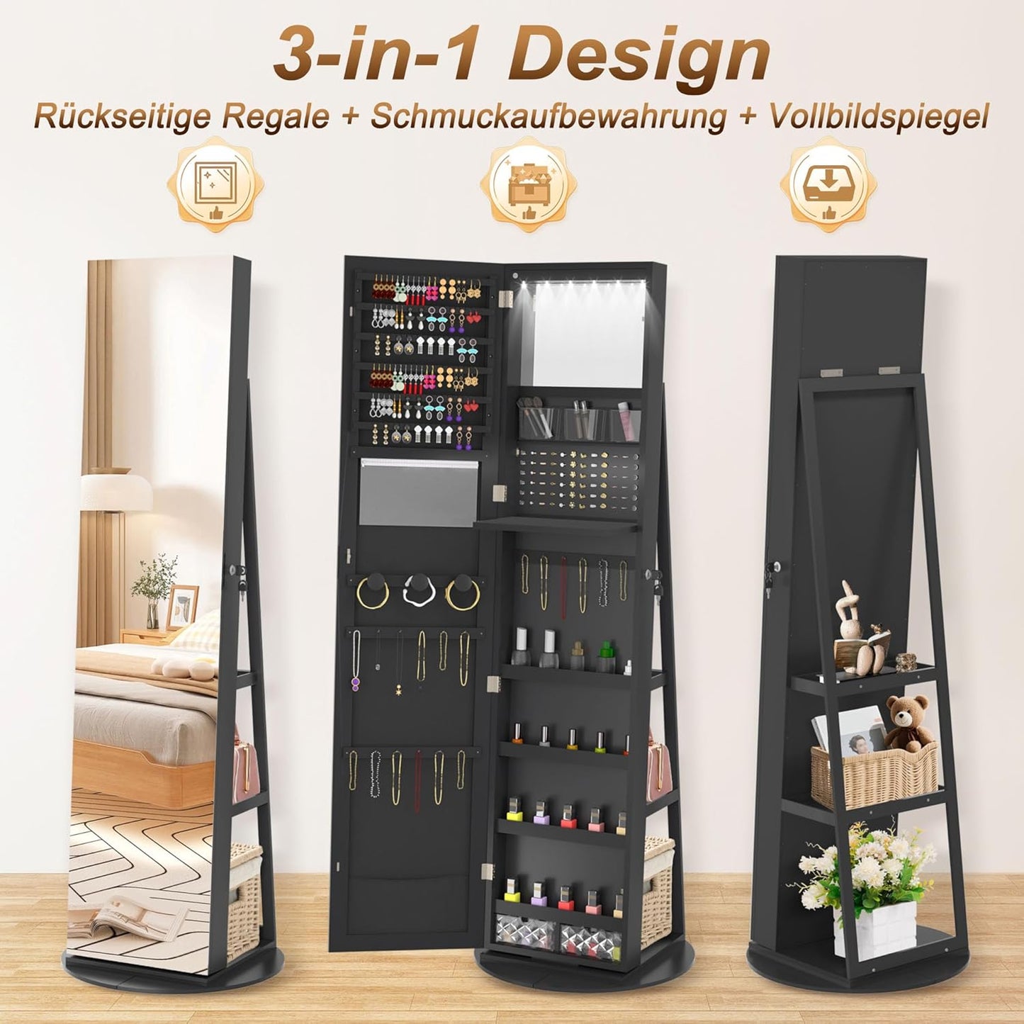 Spiegelkast Sieradekast – Sieradenopberger – Make-upkast – Draaibare Spiegel – Wit – 360° Rotatie – LED-Verlichting – Slot En Sleutels – 161x54,5x10 cm