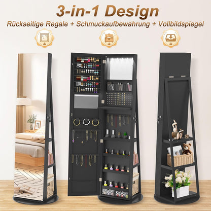 Spiegelkast Sieradekast – Sieradenopberger – Make-upkast – Draaibare Spiegel – Wit – 360° Rotatie – LED-Verlichting – Slot En Sleutels – 161x54,5x10 cm