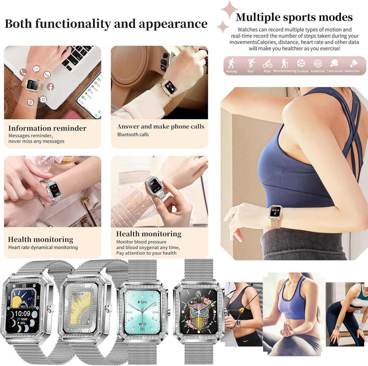 Smartwatch Dames met Telefoonfunctie, Fitnesstracker met Diamant,Bloeddrukmeting,Fitnesshorloge met Hartslagmeter Slaapmonitor, Activiteitstracker Armband met voor Android iOS (Zilver)