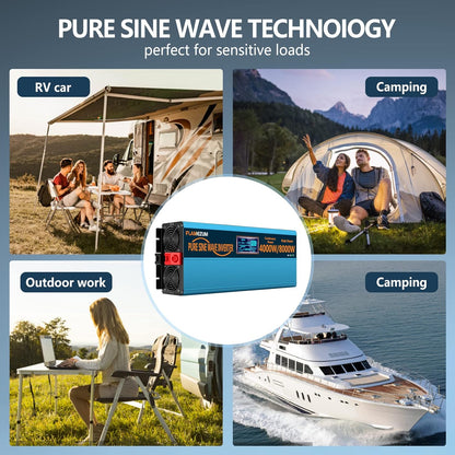 Pure sinus omvormer, 12 V naar 230 V, 4000 W spanningsomvormer met afstandsbediening, LED-display, 2 EU-stopcontacten en 2 USB-aansluitingen voor caravan, boot, camping
