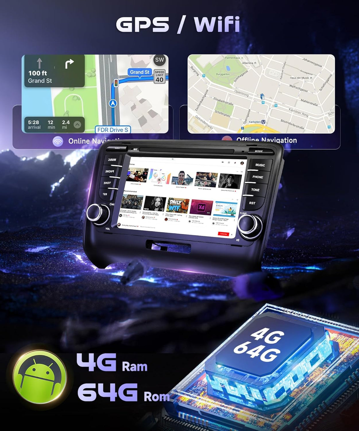 7" Bluetooth Autoradio – 2-DIN Radio – Multimedia Systeem – CarPlay Android Auto – WiFi GPS Navigatie – AHD Achteruitrijcamera – 4GB RAM 64GB ROM