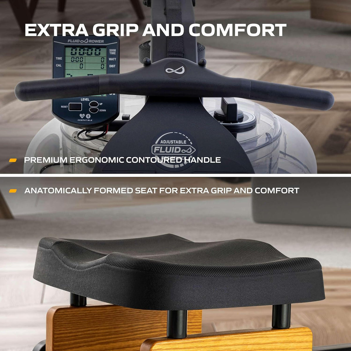 Fluid Rower Apollo XL - Rowing machine with 10 resistors - Heart rate monitor - Water resistance - Rowing machine for home - Color: Beech - QUORE
