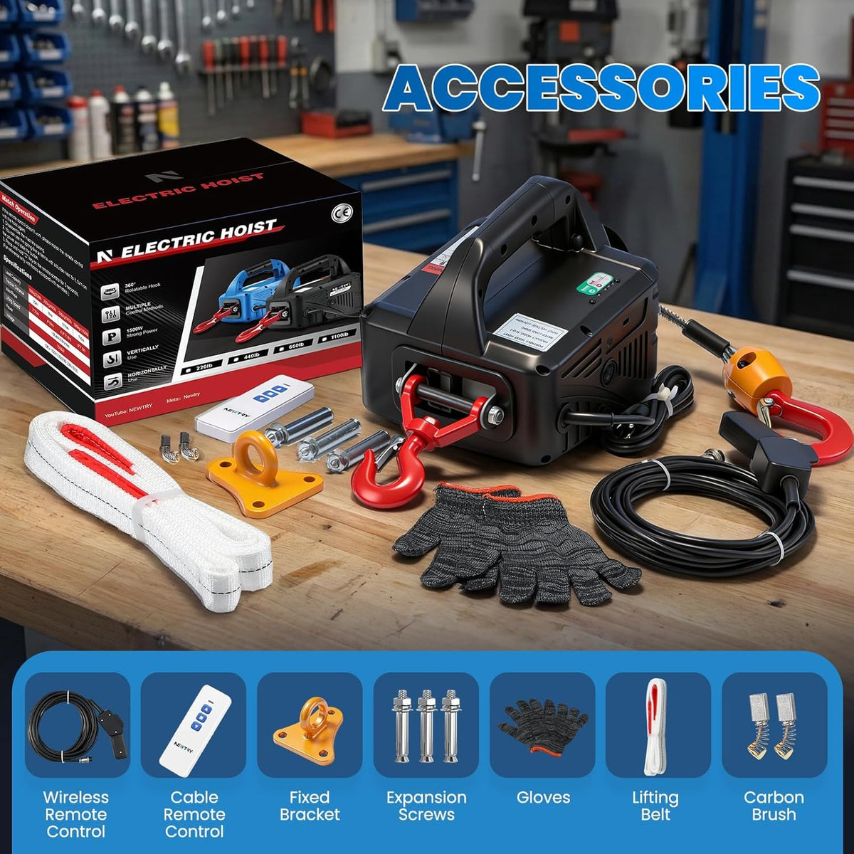 NEWTRY 3 in 1 Elektrische Hijstoestel Lift Kraan 500 KG/1500 LB Draadloze Afstandsbediening 7.6 m/25ft 1500 W Elektrische Lier Overhead Lift met Overbelasting Bescherming (Load 500 KG)