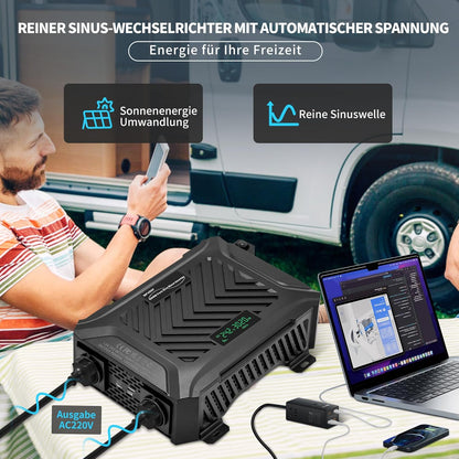 Power Inverter 12V/24V 220/230/240V Zuivere Sinus – Omvormer – Spanningsomvormer – Converter – Inverter – Intelligent Detectiesysteem 12V/24V – 1500W/3000W, 2 AC-Stopcontacten, Type C, USB-Poort, LCD-Display