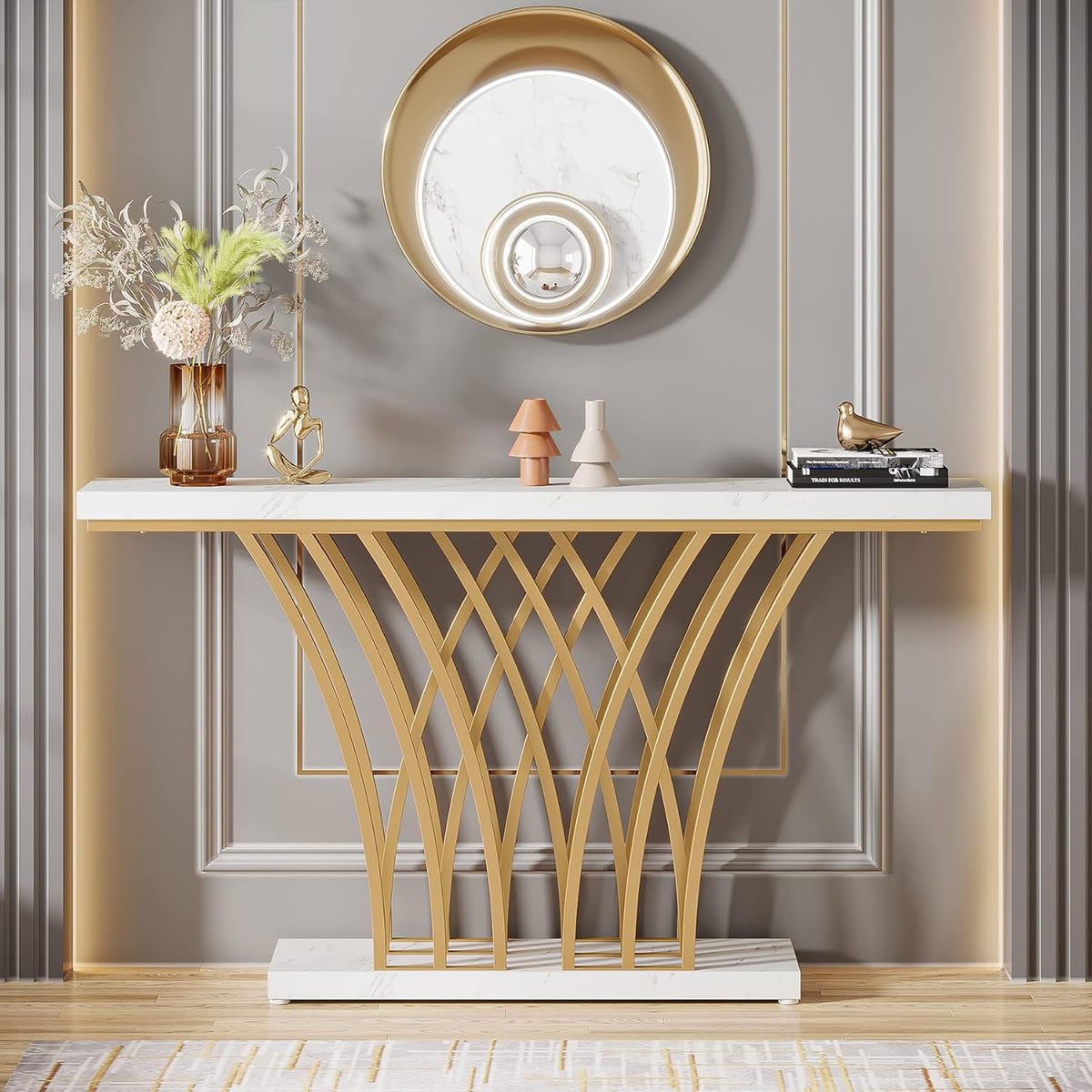 Tribesigns Gold Console Table, 150 x 29.5 x 80 cm Modern Entrance Table with Grid Metal Base for Entrance, Hallway, Front Room, Living Room (White and Gold)