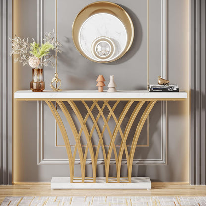 Tribesigns Gold Console Table, 150 x 29.5 x 80 cm Modern Entrance Table with Grid Metal Base for Entrance, Hallway, Front Room, Living Room (White and Gold)