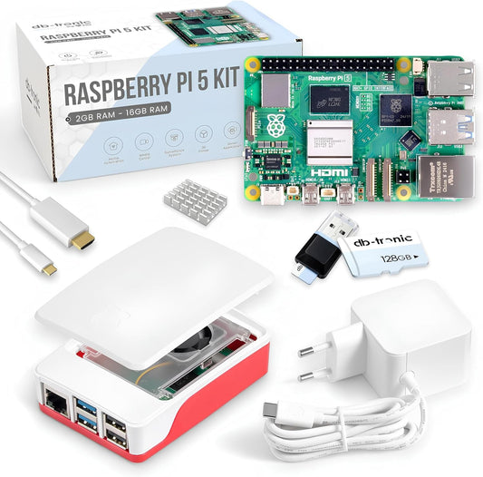 Raspberry Pi 5 8 GB Starter Kit | 128 GB Edition | Officiële USB-C 27W voeding | Officiële behuizing met ventilator | 4K Micro HDMI-kabel 1m | koellichaam