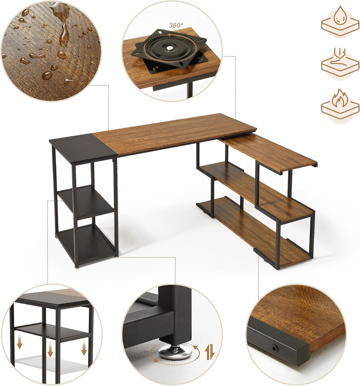 Mondeer L-vormig computerbureau, hoekbureau, 360° draaibare planken en verstelbare opbergplanken, ruimtebesparend voor thuiskantoor, studio-werkstation, rustiek bruin en zwart