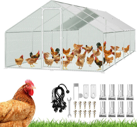 Chicken Coop Outdoor Enclosure 3 x 8 x 2 m with Safety Lock and Waterproof PE Colouring Cloth, Quick to Clean Free Run for Chickens, Bird Cages, Small Animals and Plants