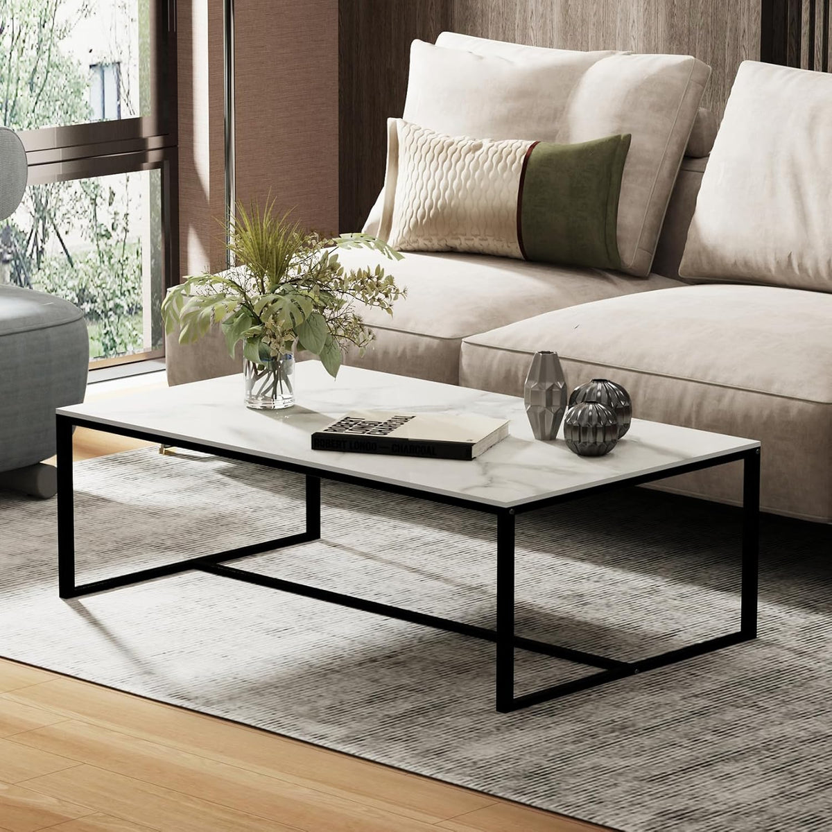 Rechthoekige salontafels gesinterde steen: witte salontafels 100 cm lang wit marmeren tafelblad met stevige metalen poten moderne bank middentafels voor woonkamer meubels decor