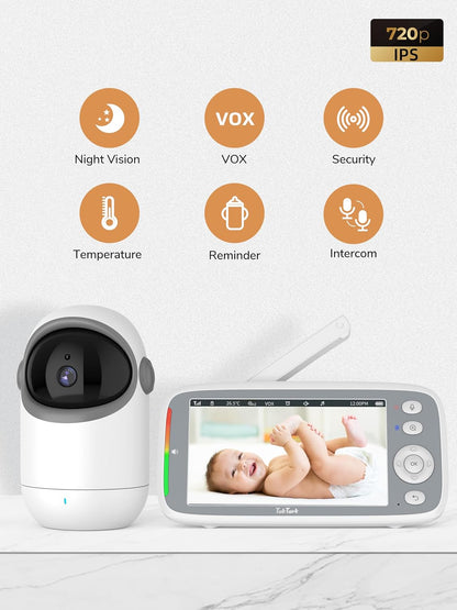 TakTark Babymonitor, 5 inch 720p IPS babymonitor, video en audio, 3050 mAh kindercamera met VOX-monitor, nachtzicht, bidirectionele gesprekken, temperatuuralarm