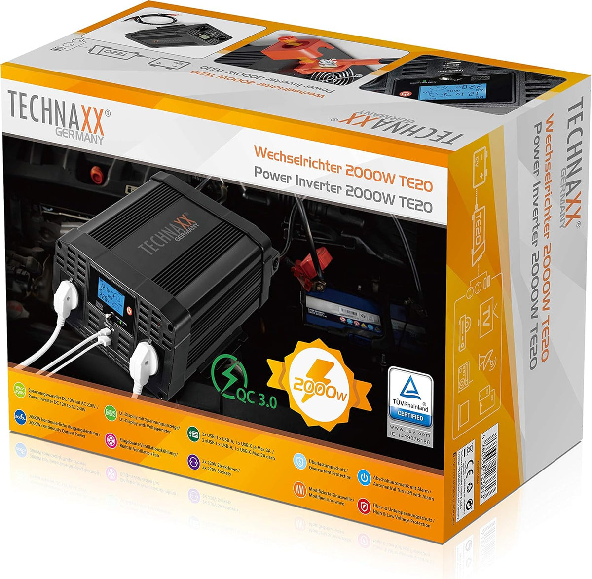Omvormer 12V Naar 230V – Auto Omvormer, Spanningsomvormer, Inverter, Stroomomvormer – 2 Stopcontacten En 2 USB-Poorten Met QC3.0 – 2000W Continu / 4000W Piek