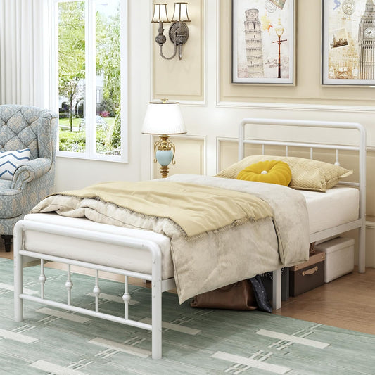EMODA Metalen Bedframe 90 x 200 cm met vintage style Hoofdeinde en Voetenbord, Heavy Duty Bedframe 36cm hoog met stalen lattenbodem, Eenvoudige montage, Geluidsvrij, Wit