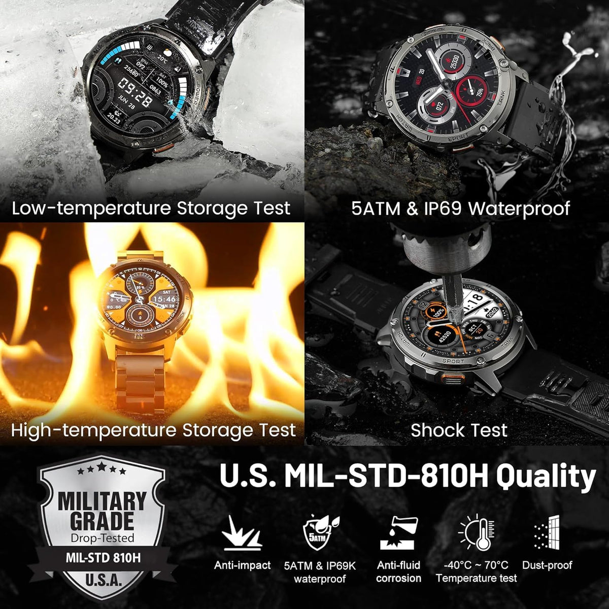 KOSPET Tank T3 Smartwatch voor heren, 60 dagen acculatie, 50 m waterdicht, militair getest, volledig metalen behuizing, 1,43 inch AMOLED