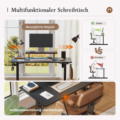 Klicelor In hoogte verstelbaar bureau met beweegbare monitorstandaard, 160x80cm, Zit-Sta bureaux met 2 geheugenknoppen, 4-delige tafelblad, Computertafel, Zwart