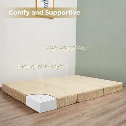 MAXYOYO Opvouwbare corduroy matras, 10 cm dik, drievoudig vloermatras met wasbare overtrek, drievoudig opvouwbaar, ruimtebesparende gastenmatras (camel, king)