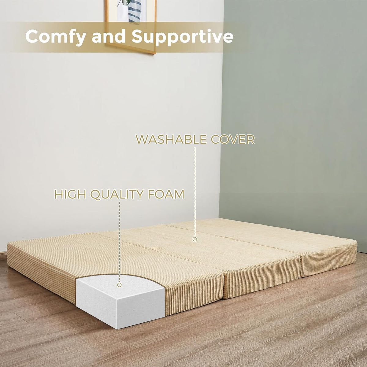 MAXYOYO Opvouwbare corduroy matras, drievoudig vloermatras 10 cm dik met wasbare hoes, opvouwbaar in drie, ruimtebesparend voor gasten (kameel, tweepersoons)