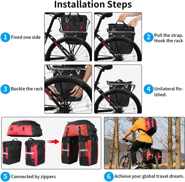 3-in-1 Fietstas - Fietstassen - Dubbele Fietstas - Multifunctioneel Bagagedragertas - Scheurvast - Grote Bagagetassen - met Regenhoes - 70L - Nylon - Rood