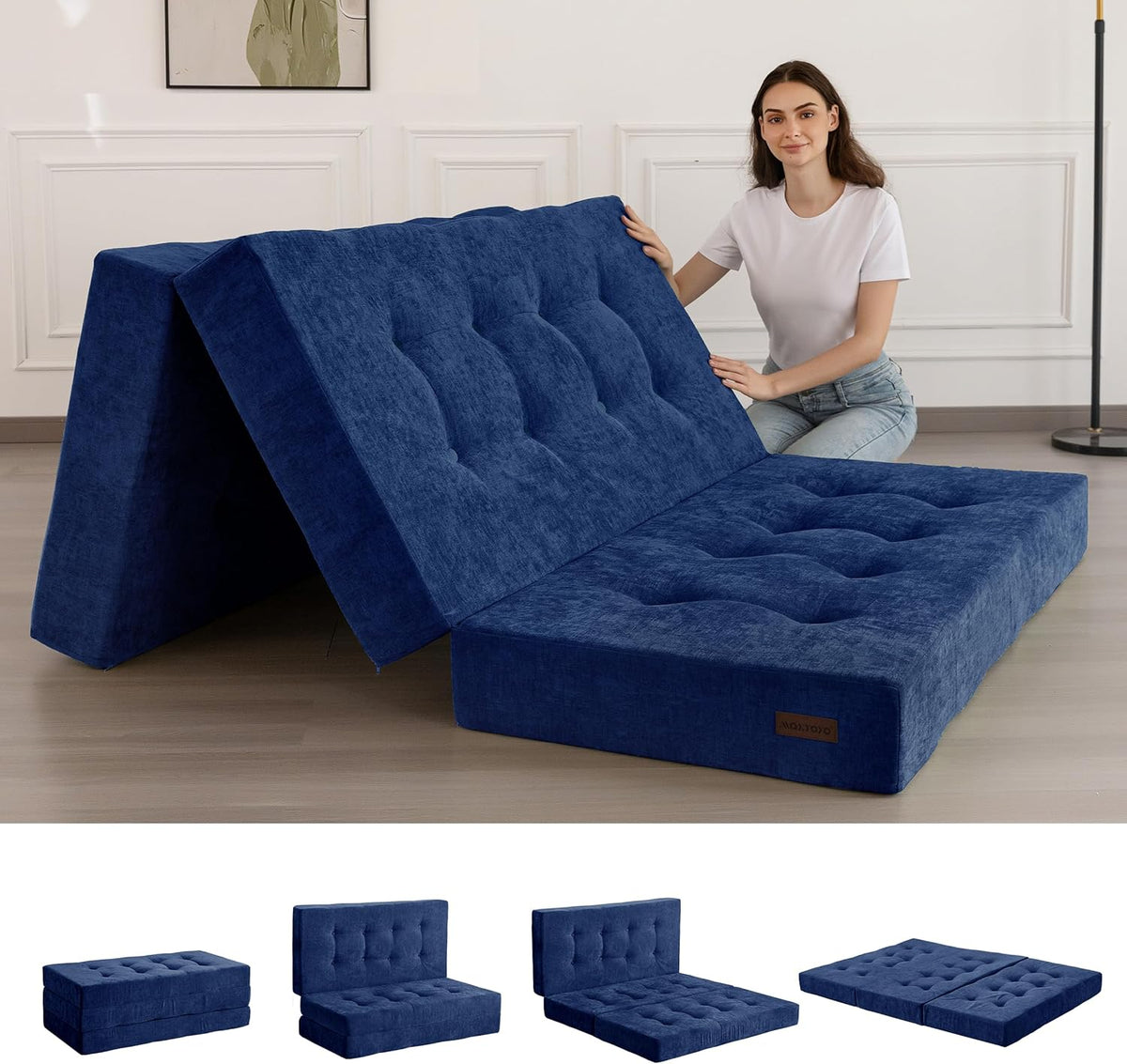 MAXYOYO Opvouwbare Matras Eenpersoons, 15 cm Comfortabele Opvouwbare Matras Met Chenille-Stof, Driekwijd Vloer Futon Bank Bed Voor Gast, Vouwmatras Topper Voor Camping, Marineblauw, Dubbel