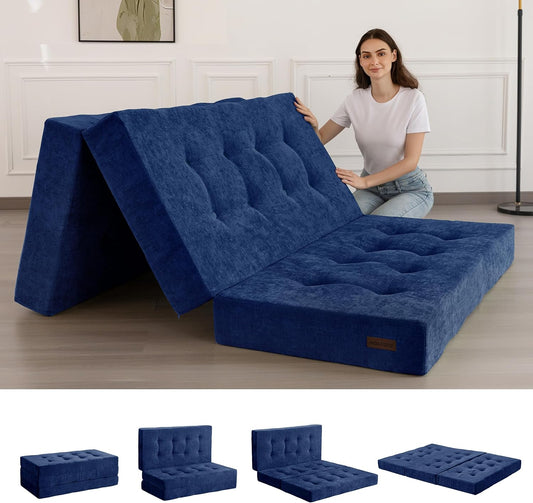 MAXYOYO Opvouwbare Matras Eenpersoons, 15 cm Comfortabele Opvouwbare Matras Met Chenille-Stof, Driekwijd Vloer Futon Bank Bed Voor Gast, Vouwmatras Topper Voor Camping, Marineblauw, Enkel