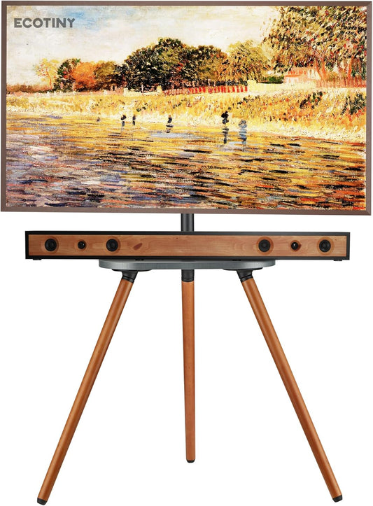 Driepotige tv-standaard voor 40 tot 65 inch LCD LED OLED-scherm, in hoogte verstelbaar en draaibaar, draagbare hoek-tv-vloerstandaard met houten blad, VESA 400 x 400 mm, zwart walnoothout
