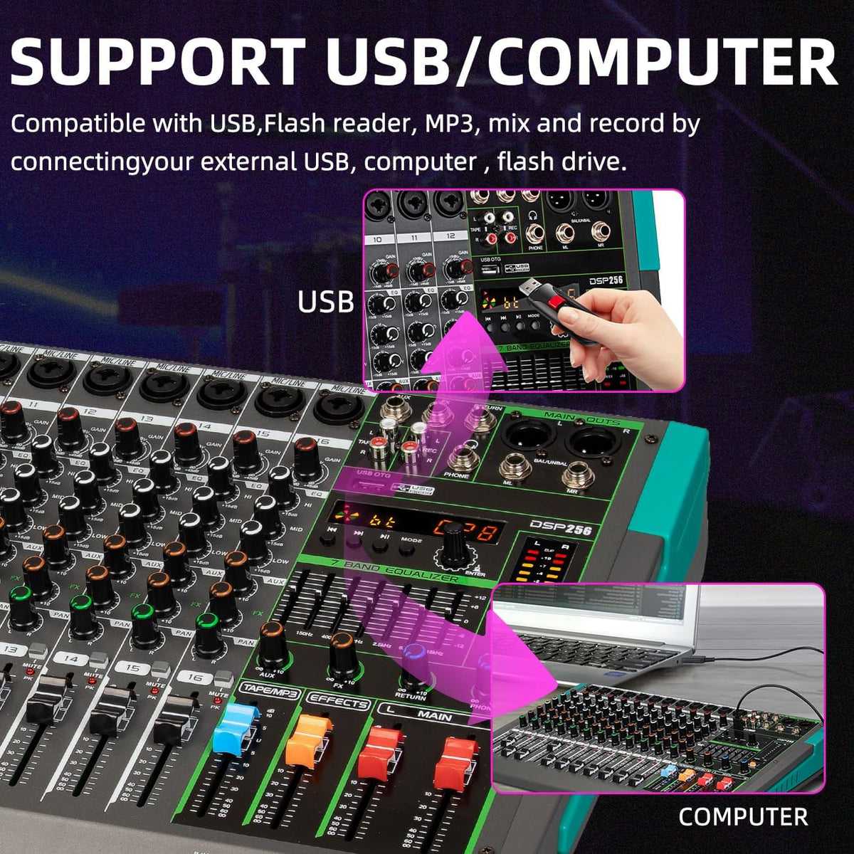 Depusheng PA16 Professionele Audio Mixer Soundboard Console Interface 16 Kanaals Digitale USB Bluetooth MP3 Computer Input 48V Fantoomvoeding Ingebouwde 99 Reverb Effect