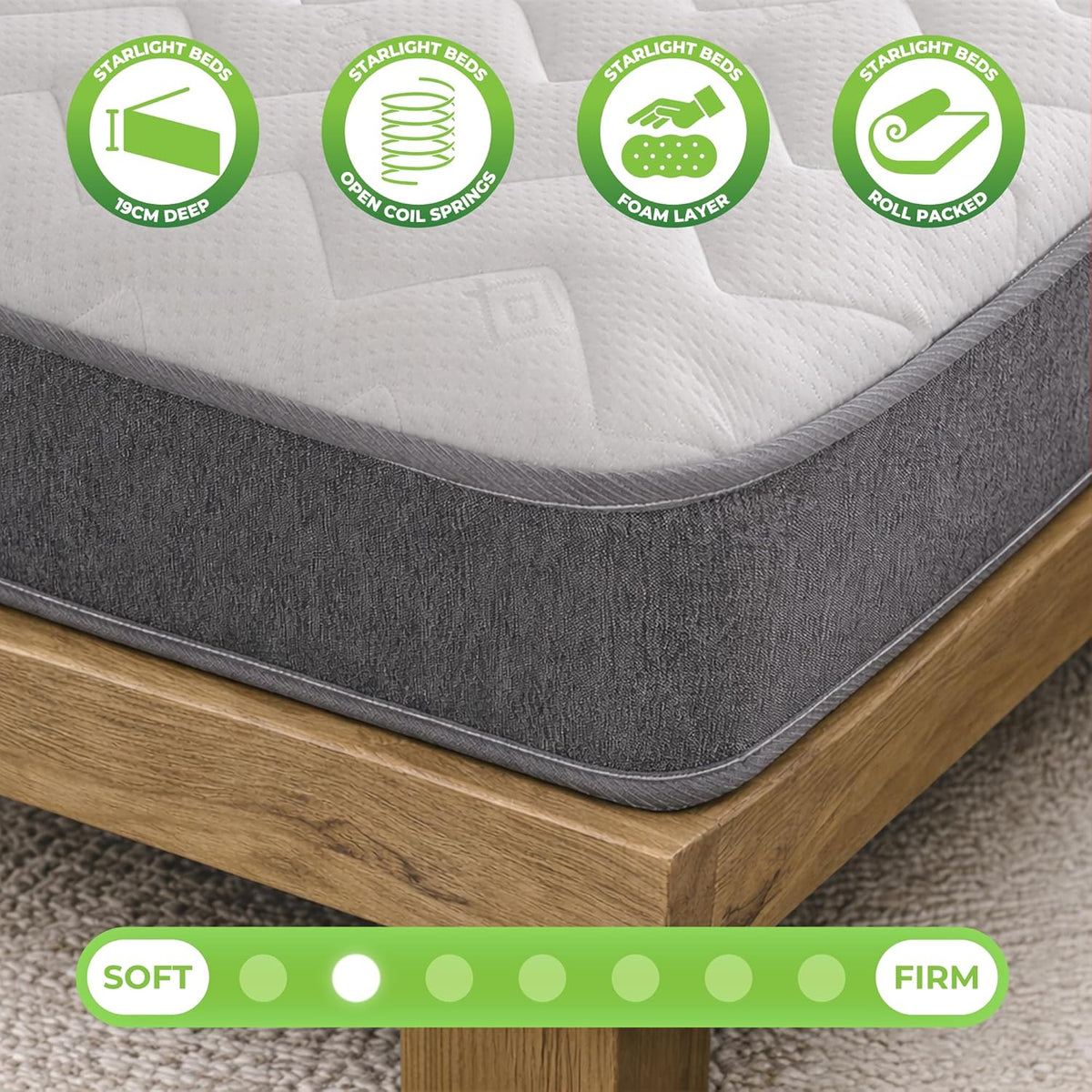 Starlight Beds Essentials Zig Zag tweepersoonsmatras met veren en traagschuim. 7,5 inch budgetmatras, grijs, zachte stevigheid (135 x 190 x 19 cm)
