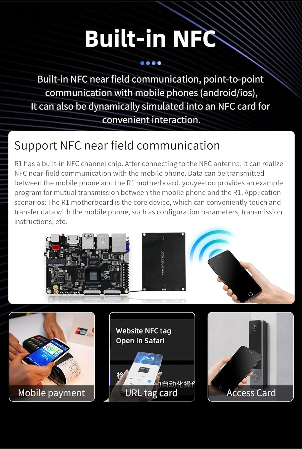 youyeetoo R1 Single Board Computer Basic Rockchip RK3588S -8K display, ondersteuning HDMI 2.1, SATA 3.0, PCIe 2.0 SSD, USB Host x5, NFC -AIoT/NAS -Android 13/Debian (4GB RAM + 32GB eMMC (WiFi Kit))
