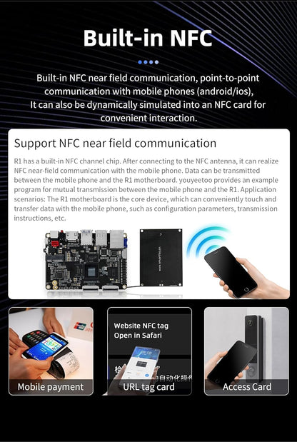 youyeetoo R1 Single Board Computer Basic Rockchip RK3588S -8K display, ondersteuning HDMI 2.1, SATA 3.0, PCIe 2.0 SSD, USB Host x5, NFC -AIoT/NAS -Android 13/Debian (4GB RAM + 32GB eMMC (WiFi Kit))