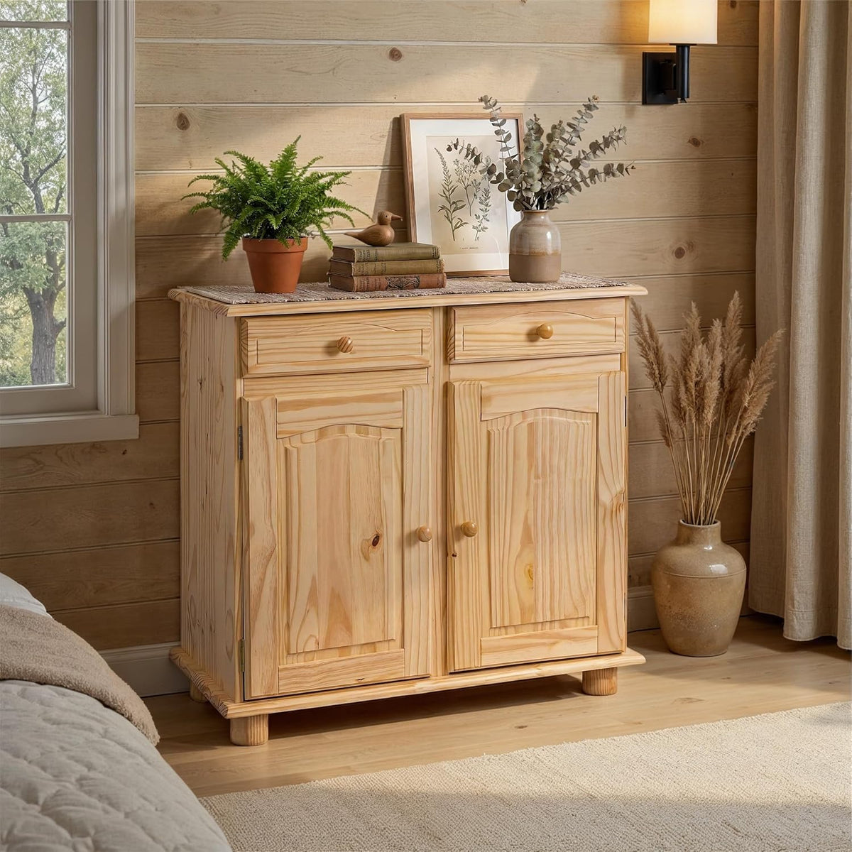 Inter Link - Cottage ladekast - Dressoir - Cottage dressoir - Bijzetkast - Massief grenen - 2 deuren - 2 laden - naturel gelakt