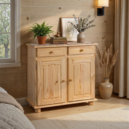 Inter Link - Cottage ladekast - Dressoir - Cottage dressoir - Bijzetkast - Massief grenen - 2 deuren - 2 laden - naturel gelakt