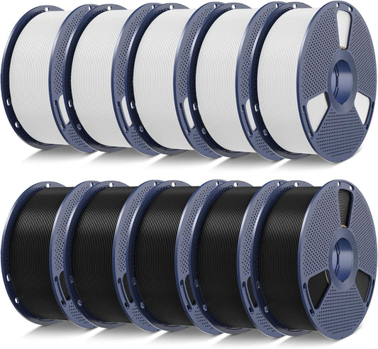 SUNLU PLA-filament, 10 kg, meerkleurig, 3D-printerfilament, PLA 1,75 mm +/- 0,02 mm, eenvoudig te gebruiken, beginnersvriendelijk, 1 kg spoel, 10 stuks. (5 spoelen zwart en 5 spoelen wit)
