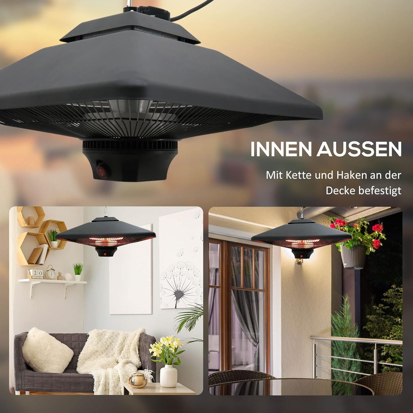 Terrasverwarmer – Plafondverwarmer – Warmtestraler – Balkonverwarmer – Halogeen Verwarmer – 2000W Met Afstandsbediening – Inclusief LED-Verlichting
