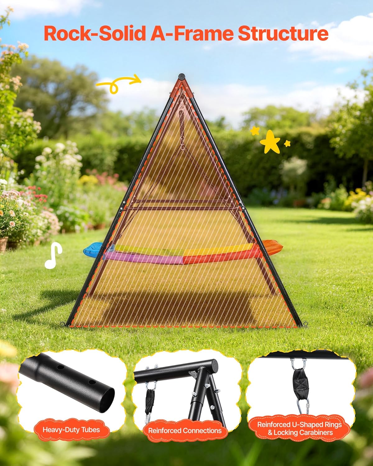 VEVOR Tuinschommel van metaal, A-vormig, voor kinderen, maximale belasting 199,6 kg, zitschommel 150 x 81 cm, voor buiten, binnenplaats, speelplaats, driehoekige structuur voor kinderen