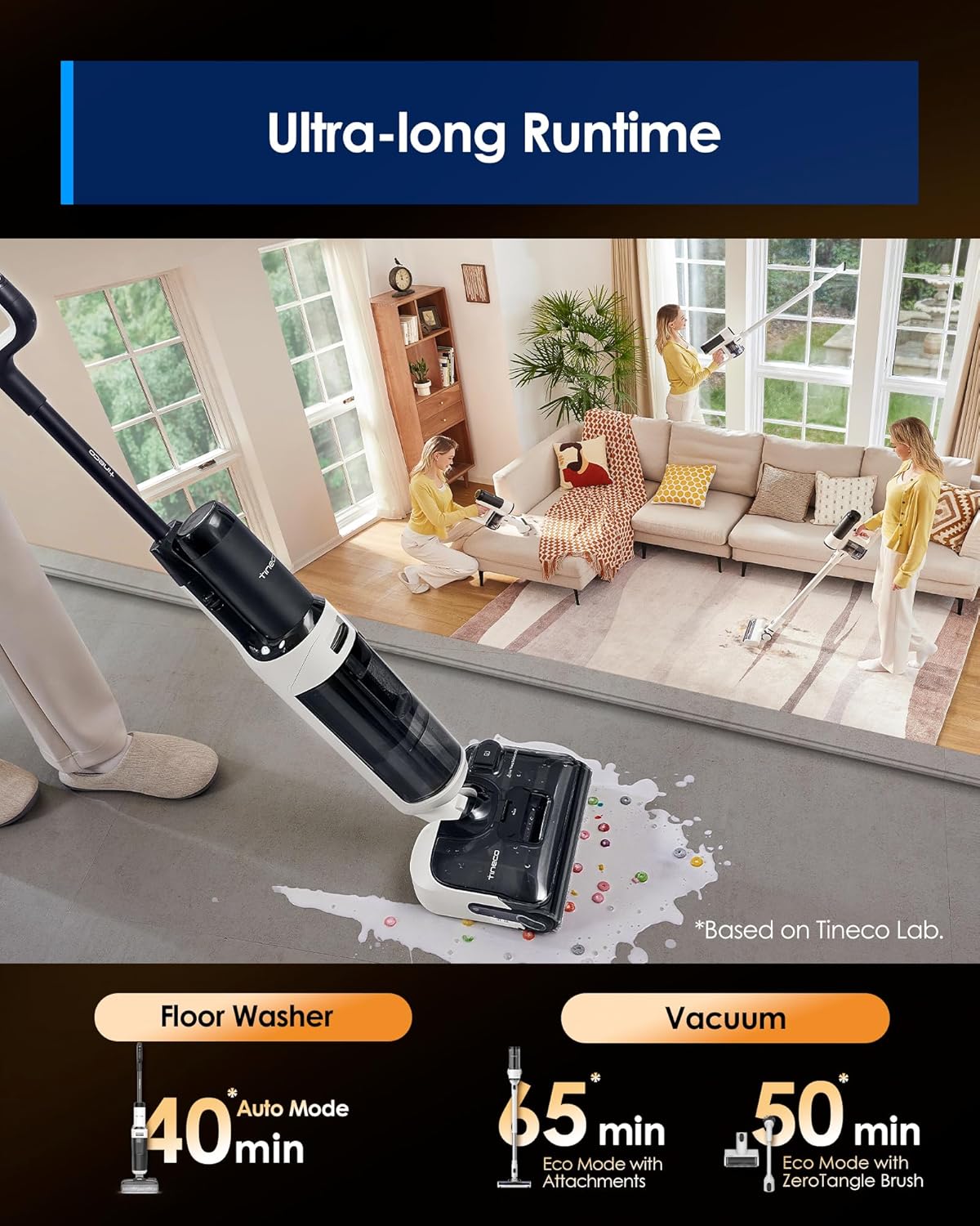 Tineco Floor ONE Switch S6 Stretch Nat- en Droogzuiger, 180° Lay-Flat, Anti-Klit, 85℃ Snel Drogen, 65 min Stofzuigen 21 kPa, 40 min Nat Zuigen, Randreiniging voor het Hele Huis & Onder Meubels