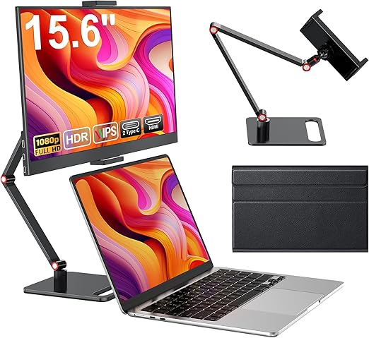 Draagbare Monitor – Mobiel Scherm – Tweede Scherm – Laptop Display – Buiten Scherm – 15,6 Inch Full HD – Metalen Beugel Met 360° Rotatie