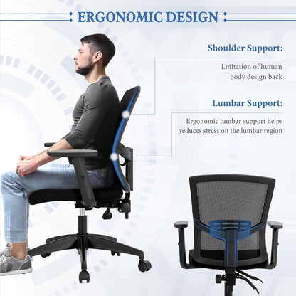 ALPHA HOME Ergonomische stoel van netstof, bureau met gemiddelde rugleuning, computer met verstelbare armleuningen
