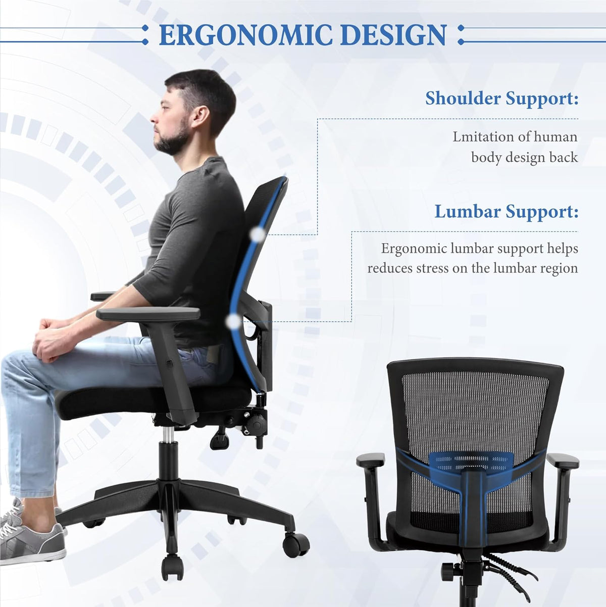 ALPHA HOME Ergonomic mesh chair, medium back desk, computer with adjustable armrests