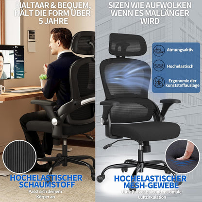 TRALT Ergonomische bureaustoel, bureaustoel met verstelbare hoofdsteun, in hoogte verstelbaar, bureaustoel, ergonomische bureaustoel, gamingstoel, 150 kg, voor lange tijd, zwart