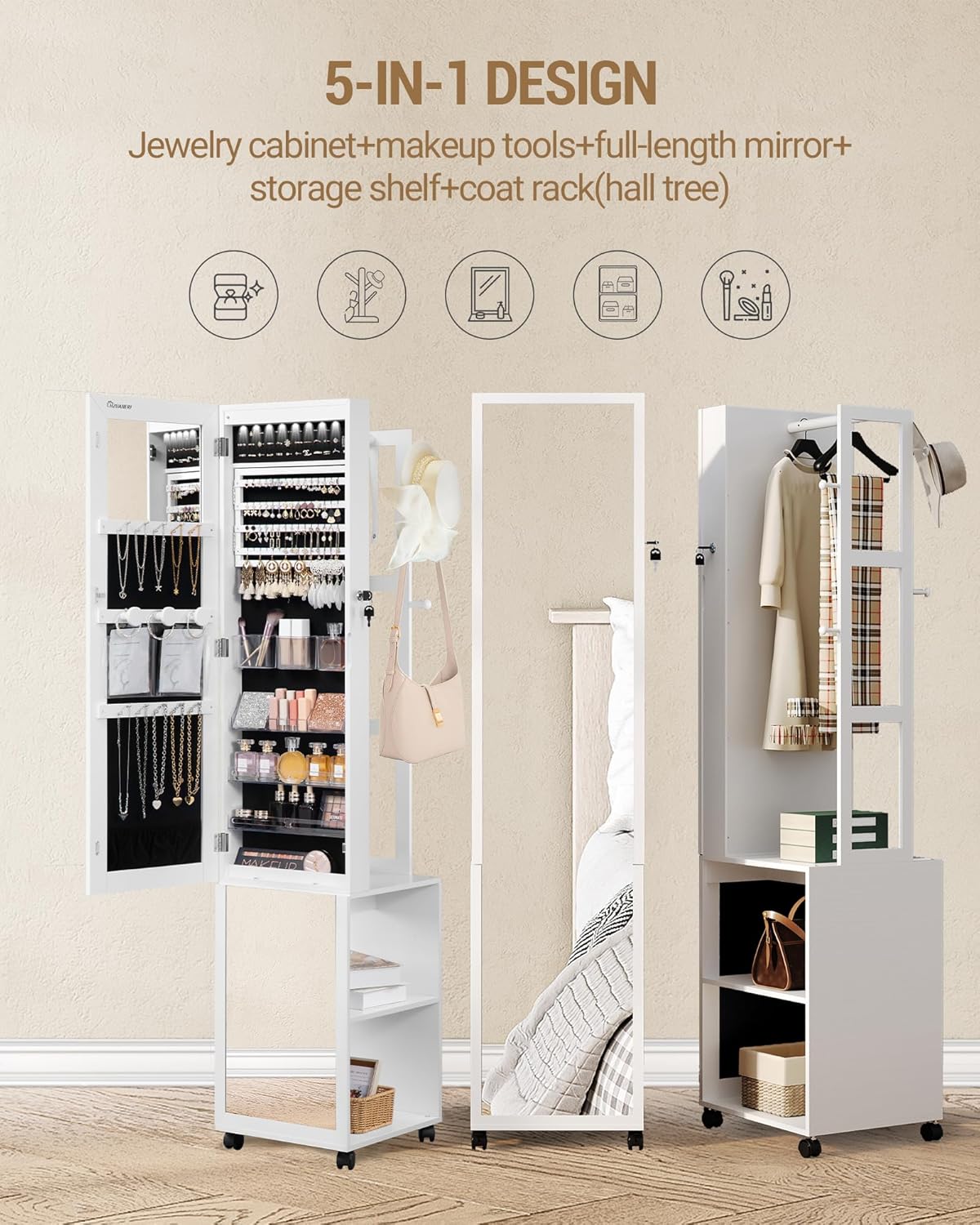 Hzuaneri Jewelry and Wardrobe with 8 LEDs, 165cm Jewelry Storage System with 1 Clothes Rack, Lockable Full Length Mirror with 4 Wheels, Storage Shelves with Hooks, White and Black JC17003B